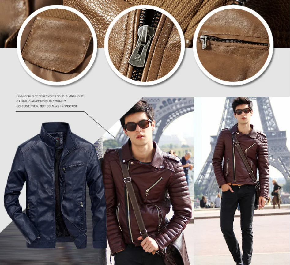 Men Autumn Winter Leather Jacket Coat Men's Retro Stand Collar Motorcycle Warm Fleece PU Leather Jacket