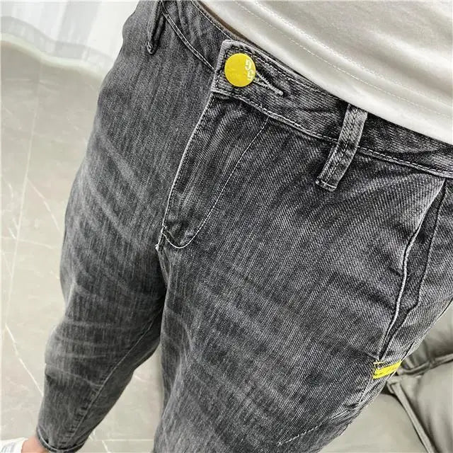 Fashionable Summer Autumn Luxury Cotton Trousers for Men Slim Solid Jeans with Stretch Classic Casual and Formal Wear Grey Jeans