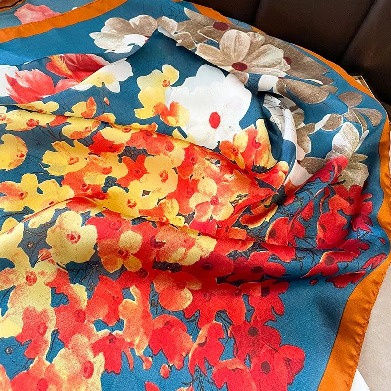 70x70cm Silk Square For Women Floral Printed Shawl Wrap Spring Summer Neckerchife Hair Band Lady Winter Scarves