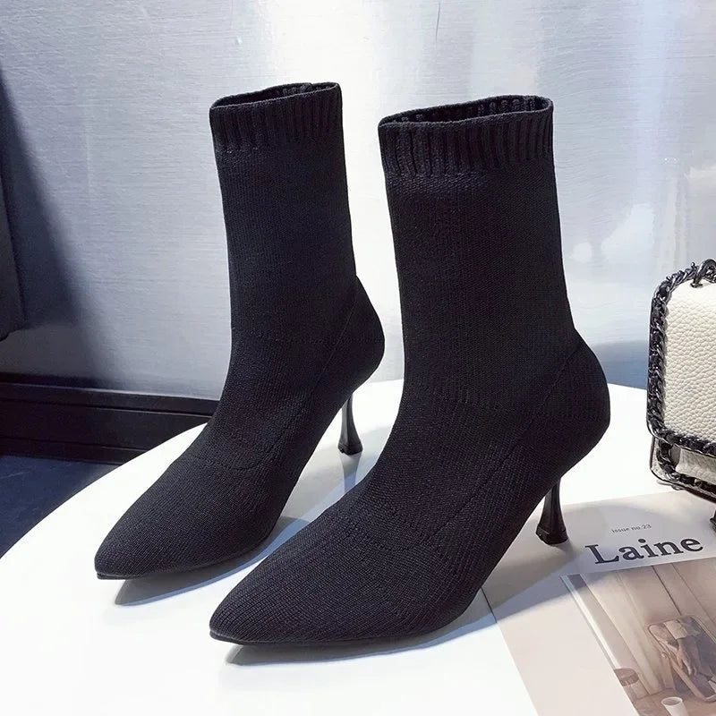 Female Shoes, 2024 Plus Size Knitted Ankle Boots Concise Stretch Boots Pointed Toe Slip on Thin Heels Shoes