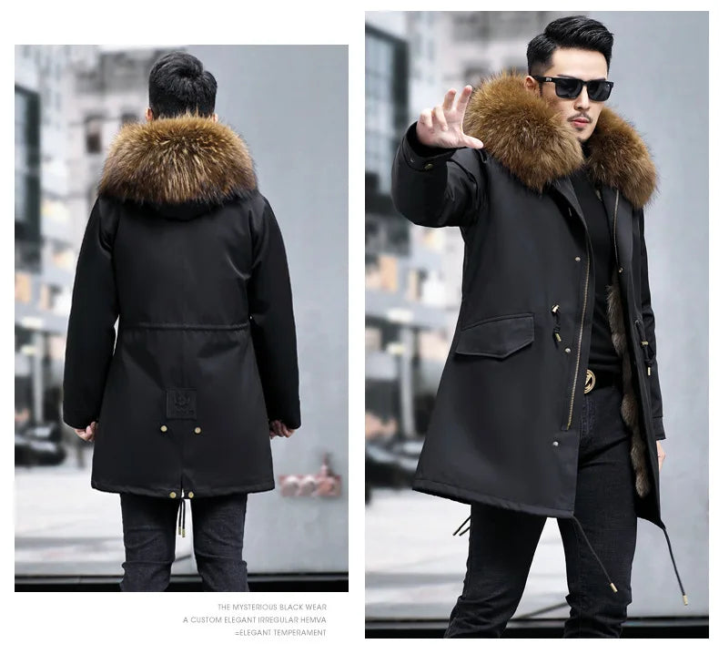 Hot Sales 2023 Men's Thickened Warm Parka Mid Length Detachable Fox Fur Lining Raccoon Winter Fur Coat