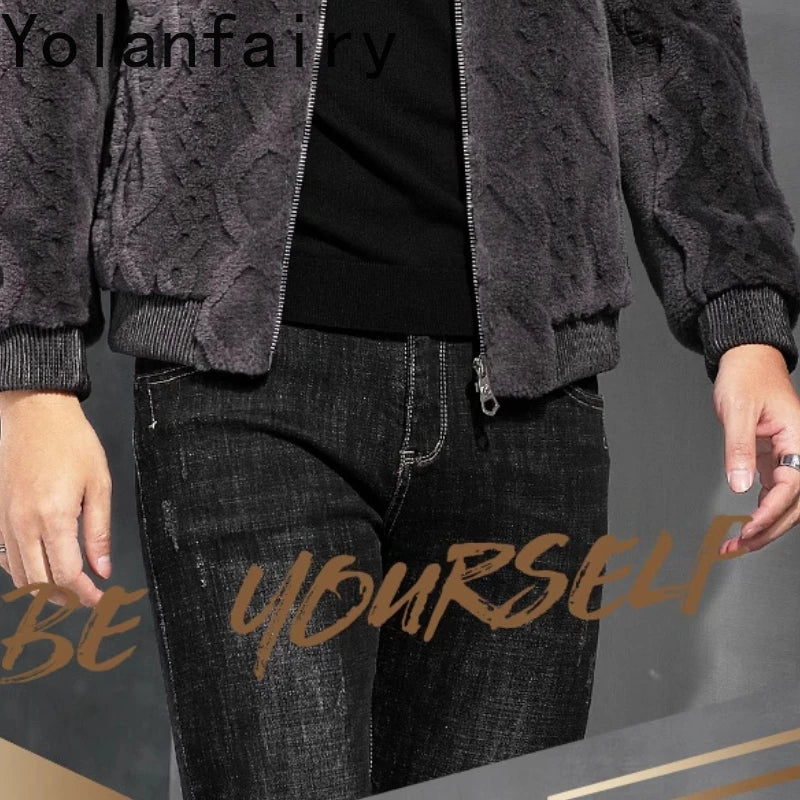 YOLANFAIRY 100% Wool Real Fur Coat Winter Shearling Jackets for Men Cropped Leather Jacket