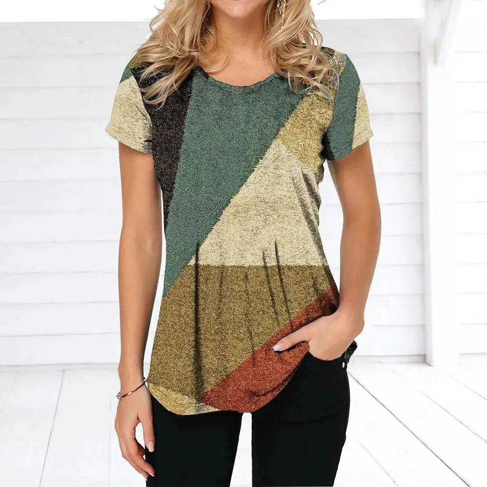 NoEnName_Null Women’s 3D Print Patchwork T-Shirt – Casual American Retro O-Neck Short Sleeve Top