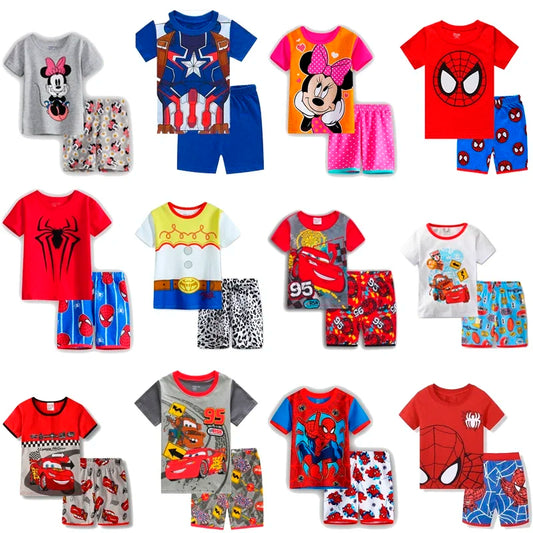MINISO Kids Cartoon Pajama Sets – Short Sleeve Summer Outfits for Boys &amp; Girls (Spiderman, Iron Man, Mickey, Elsa &amp; More)
