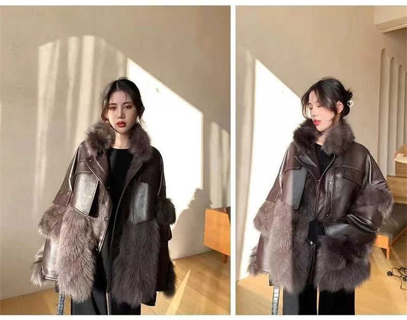 Retro Coffee Fur Coat  2024 Winter Loose Korean Version Fashionable Imitation for wome Fox Fur Thickened Haining High-end Coat