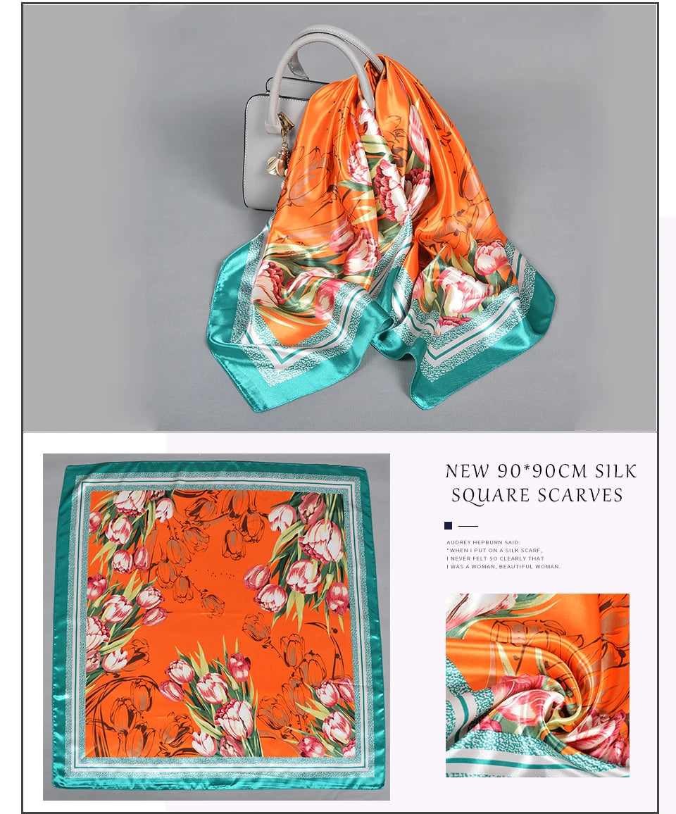 Pink New Elegant Floral Square Silk Satin Scarves