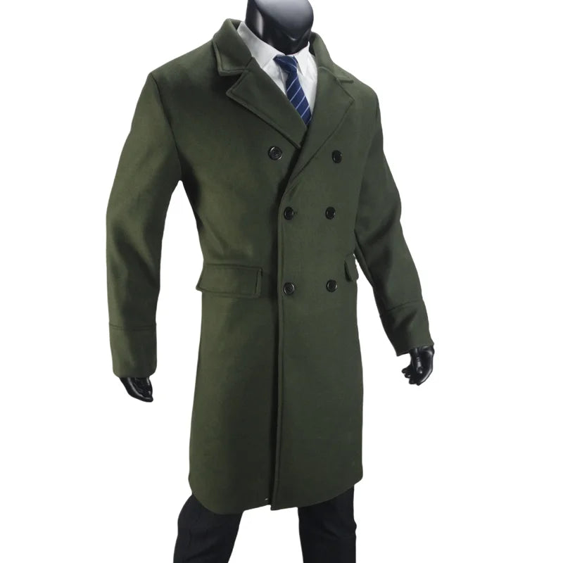 Men Long Double-breasted Coat with Lining Warm Type Wool Blend Lapel Casual Eu Size Customized overcoat