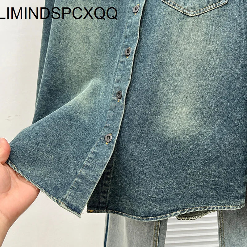 2024 Washed Blue Denim Shirt Jacket Women Spring Small Lapel Lazy Feeling Single Breasted Jean Coats