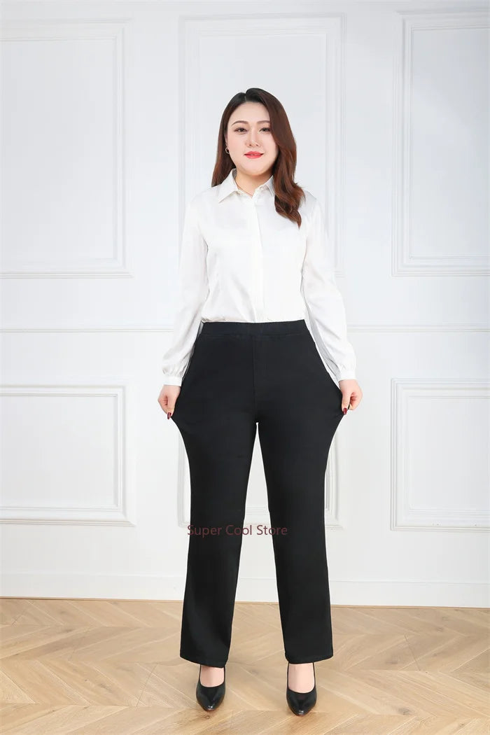 NoEnName_Null Women's High-Waist Cotton Elastic Denim Straight-Leg Jeans with Pockets – Autumn/Winter