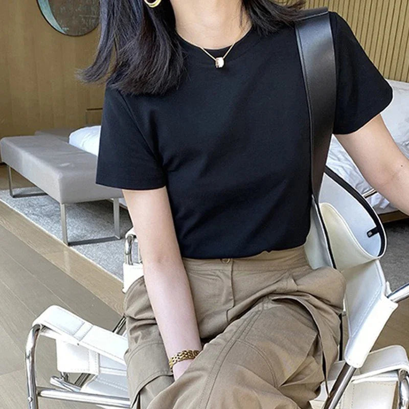 Summer T Shirts For Women cream Casual Korean Streetwear Basic Solid Young Cool free-sized Tops 2025