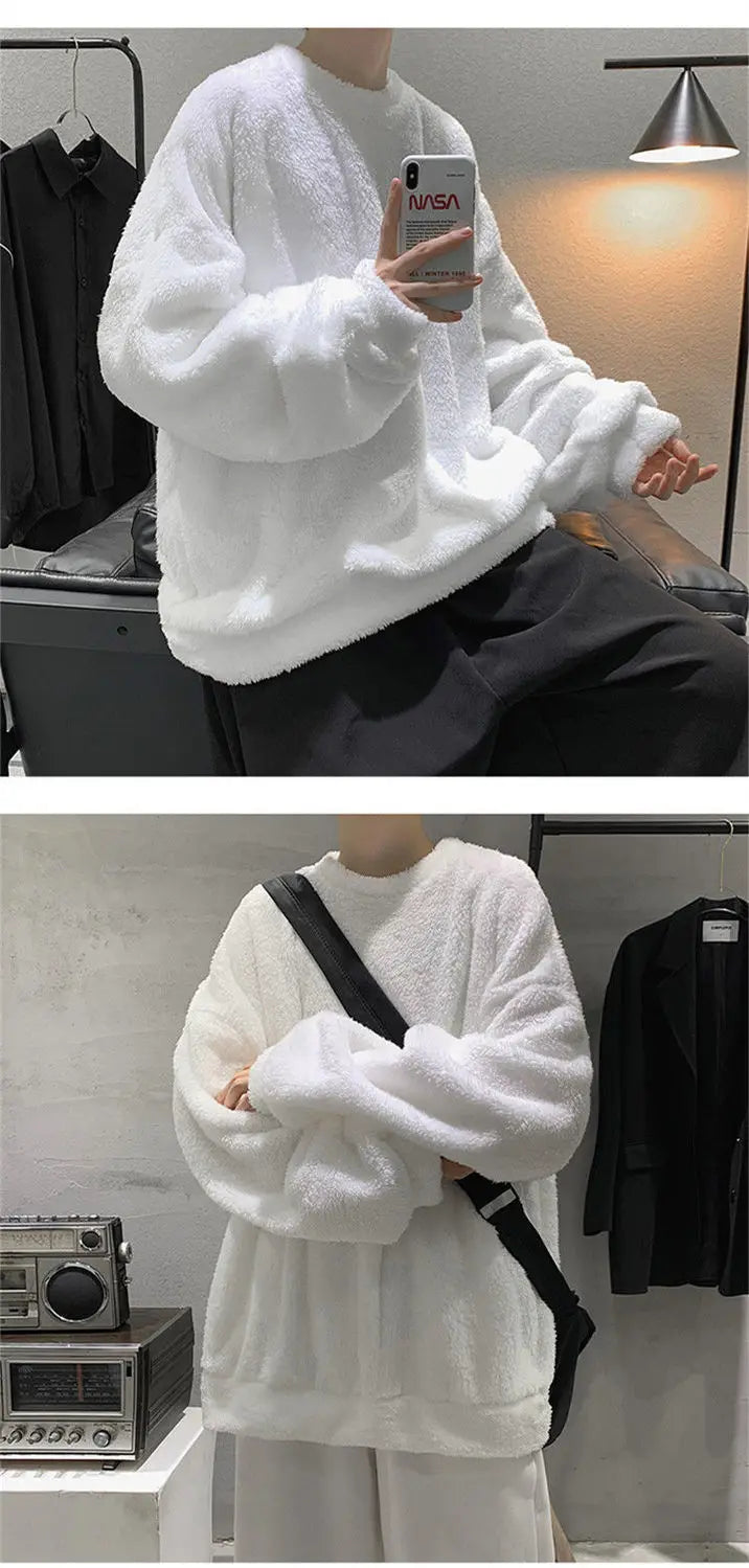 New Flannel Plush Youth Men Sweatshirt Autumn Winter Clothes v-shape Thicken Daily Warm Pullover jumper