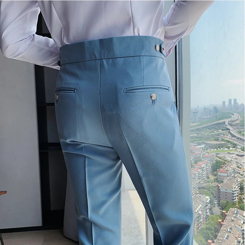 British Style New Solid High Waist Pant Men Business Formal Wear Trousers 2024 High Quality Slim Casual Office Suit