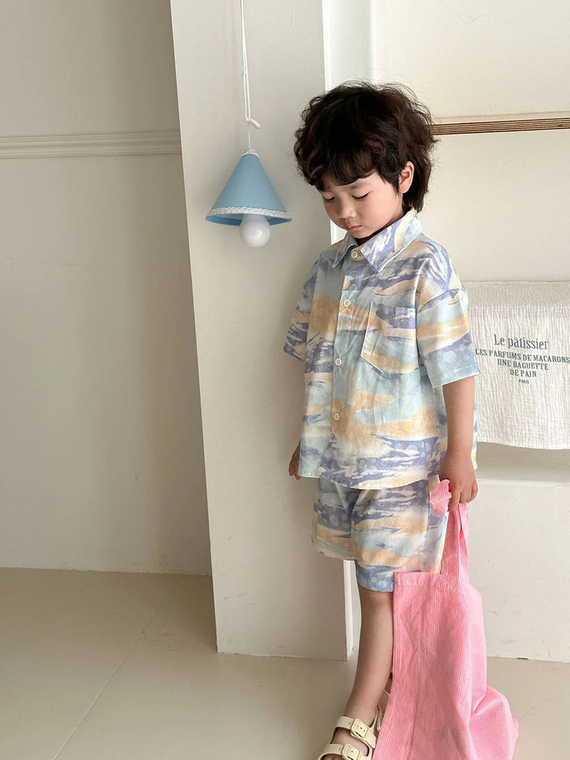 MILANCEL Unisex Summer Patchwork Clothing Set for Kids (Ages 4–6Y) – Cotton Shirt and Shorts Vacation Outfit