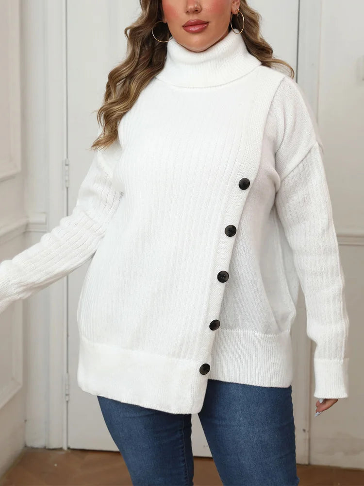 Plus Size Women's Turtleneck  Autumn Winter Drop Shoulder Button Casual Warm Pullover Female White Jumper