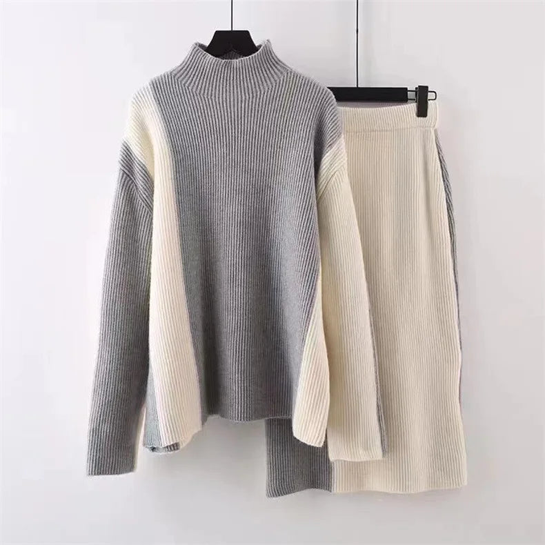 [EWQ] Contrast Colors Long Sleeve Turtleneck Sweater And High Waist Skirt Knit Women Set Clothes 2024 Autumn New Fashion