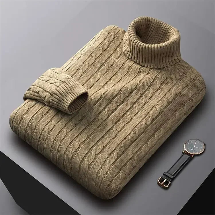 Men's Polo Turtle Neck Sweater Thick Cotton Knitted Top Fleece-Lined And Thickened Warm Bras Soft Winter Jumper