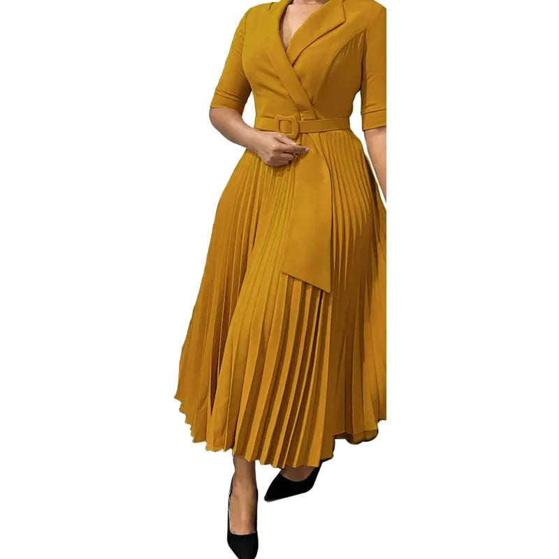 Women Fashion V-neck 3/4 Sleeve Party Evening Long Maxi Dress Outfits Pleat African Clothes