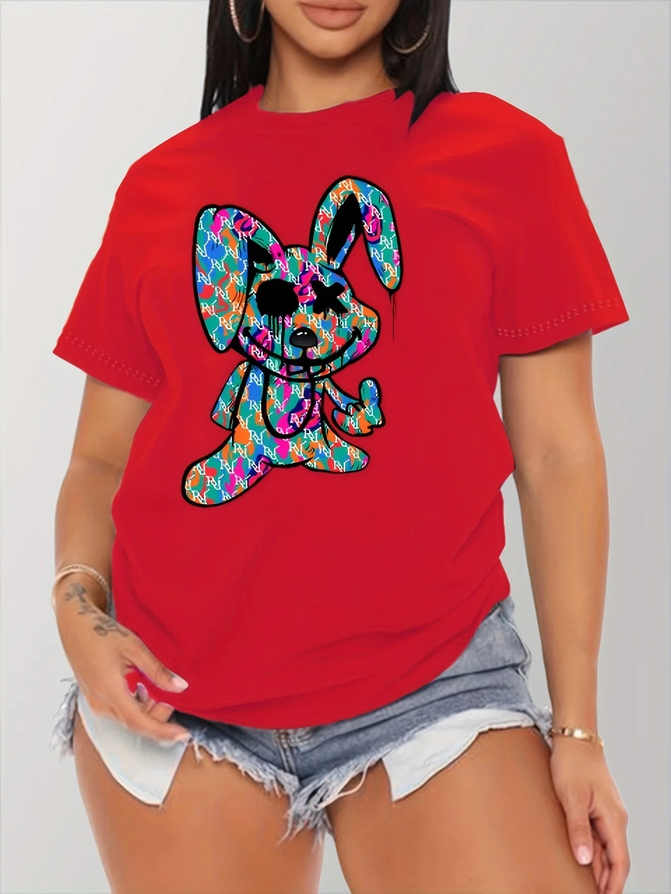 Cartoon Rabbit Print T-shirt, Casual Crew Neck Short Sleeve Summer T-shirt,