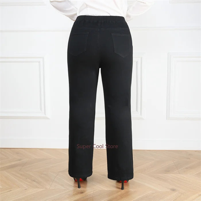 NoEnName_Null Women's High-Waist Cotton Elastic Denim Straight-Leg Jeans with Pockets – Autumn/Winter