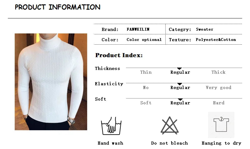 Casual Men Winter High Solid Color Sweater Turtleneck Brand Mens White Sweaters Slim Knitted Fit Pullover Twist Striped Knitwear