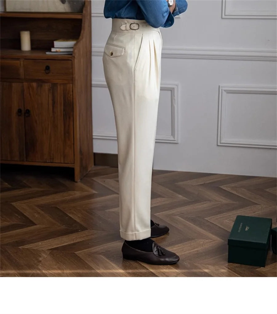 Men Solid Color Suit Trousers Spring Trendy Belt High Waist Pants Male Business Office Fashion Pleated Straight Pants Streetwear