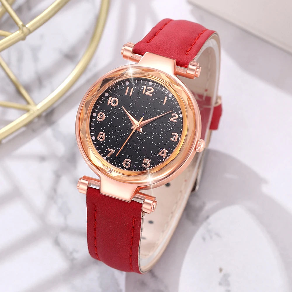 6PCS/Set Red Women's Watch With Minimalist Elements Dial Quartz Watch