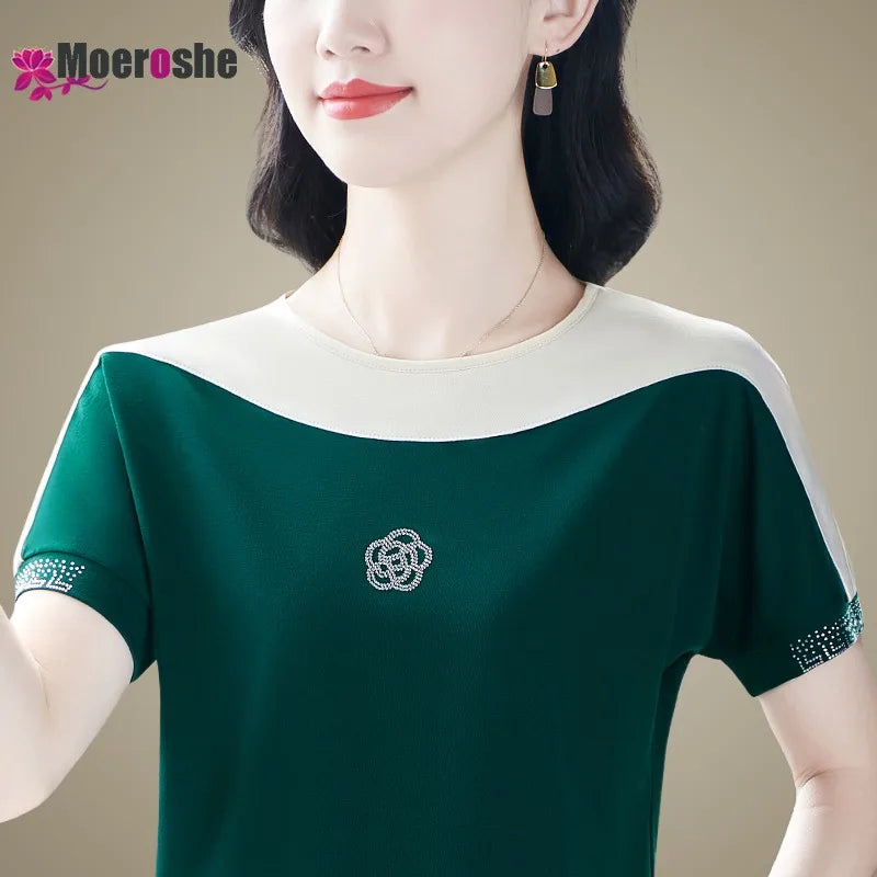 Moeroshe Women's Casual Patchwork O-Neck Tee - Cotton, Classic Style, Summer 2024 Release