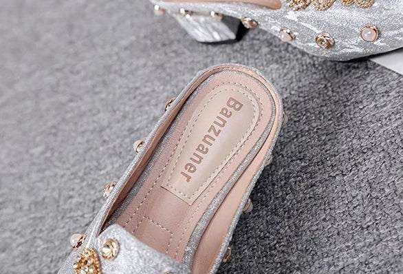 Mules Shoes Women Sandals Ladies Elegant Rhinestone Designer Mirror Luxury Party Slipper Summer New 2024 Slippers Fashion Roman