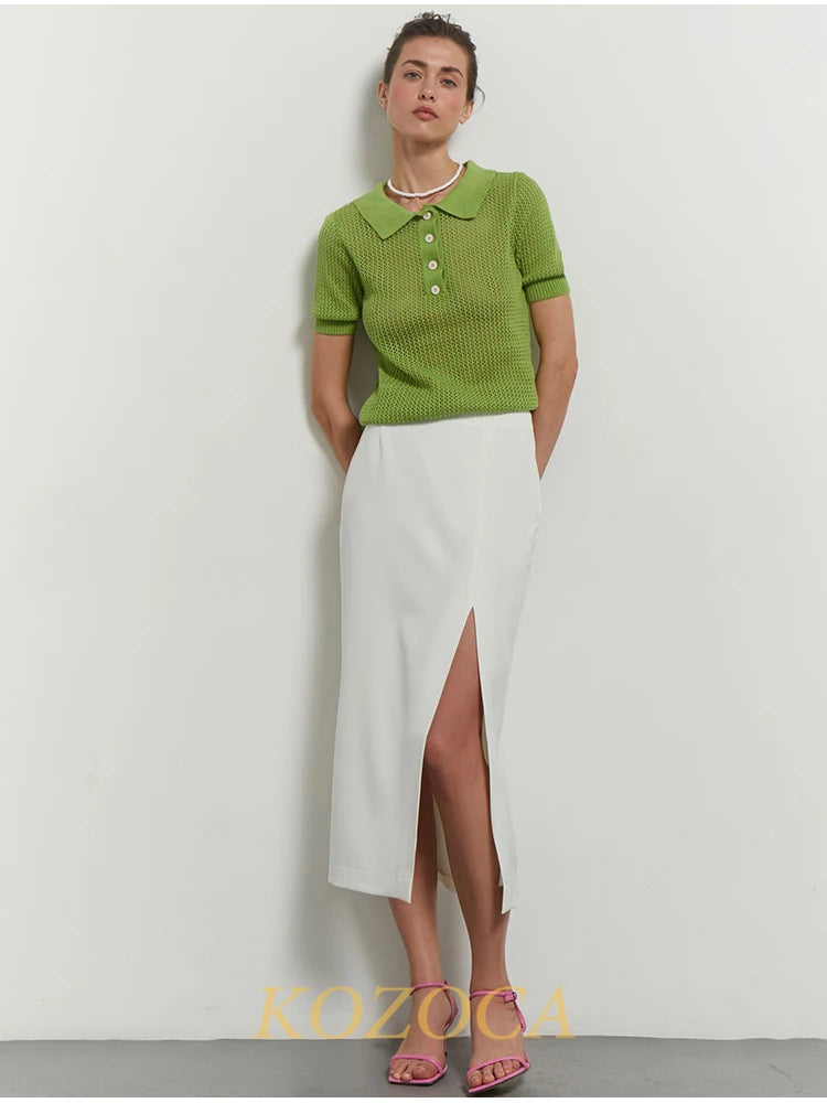 KOZOCA Women's Hollow-Out Knit T-shirt – Casual Solid Spring/Summer Top