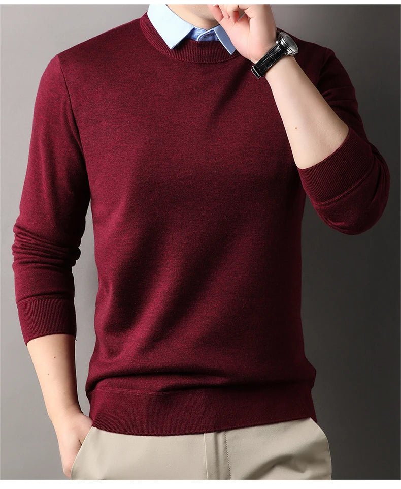 Men's Knit Sweater with Woven Shirt Collar and Knit Body, Business Autumn and Winter Thermal Head Cover Sweater Wool Pullover