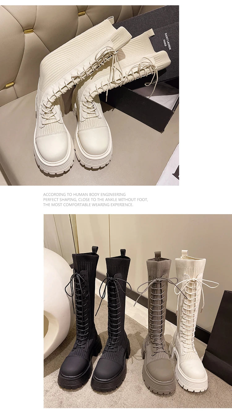 Chunky Platform Knitted Long 2022 Autumn Thick Bottom Warm Women Boots.