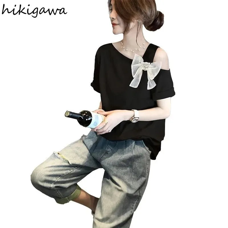 HIKIGAWA Women's Casual Summer Tee – Bow Detail, O-Neck, Short Sleeve Cotton Blend