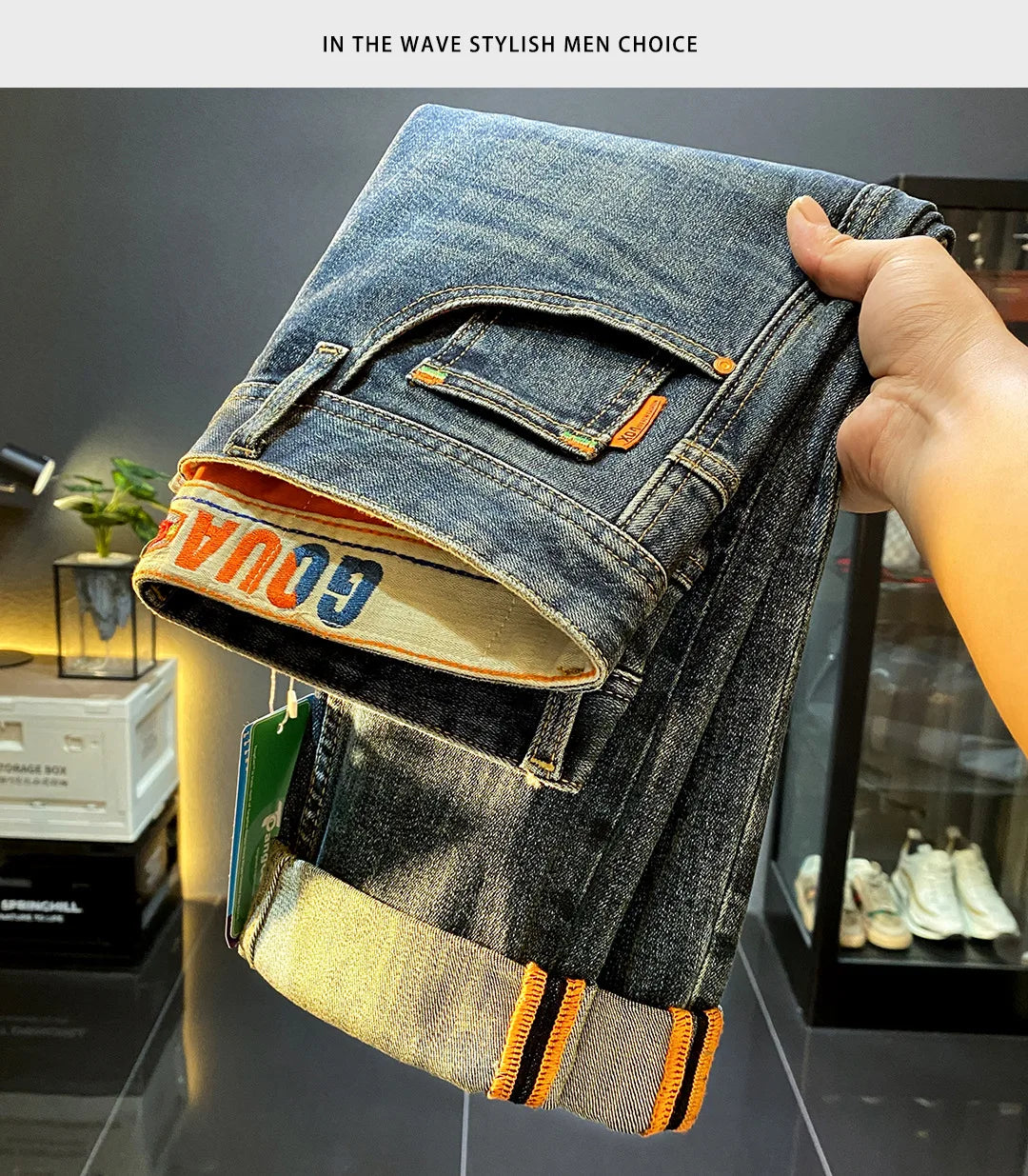 High end luxury casual jeans for men autumn winter fashion straight tube slim fit light business casual denim long pants