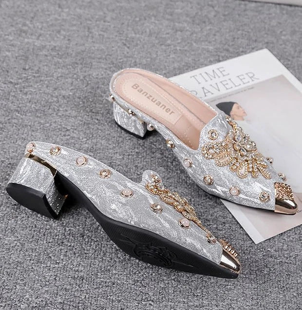 Mules Shoes Women Sandals Ladies Elegant Rhinestone Designer Mirror Luxury Party Slipper Summer New 2024 Slippers Fashion Roman