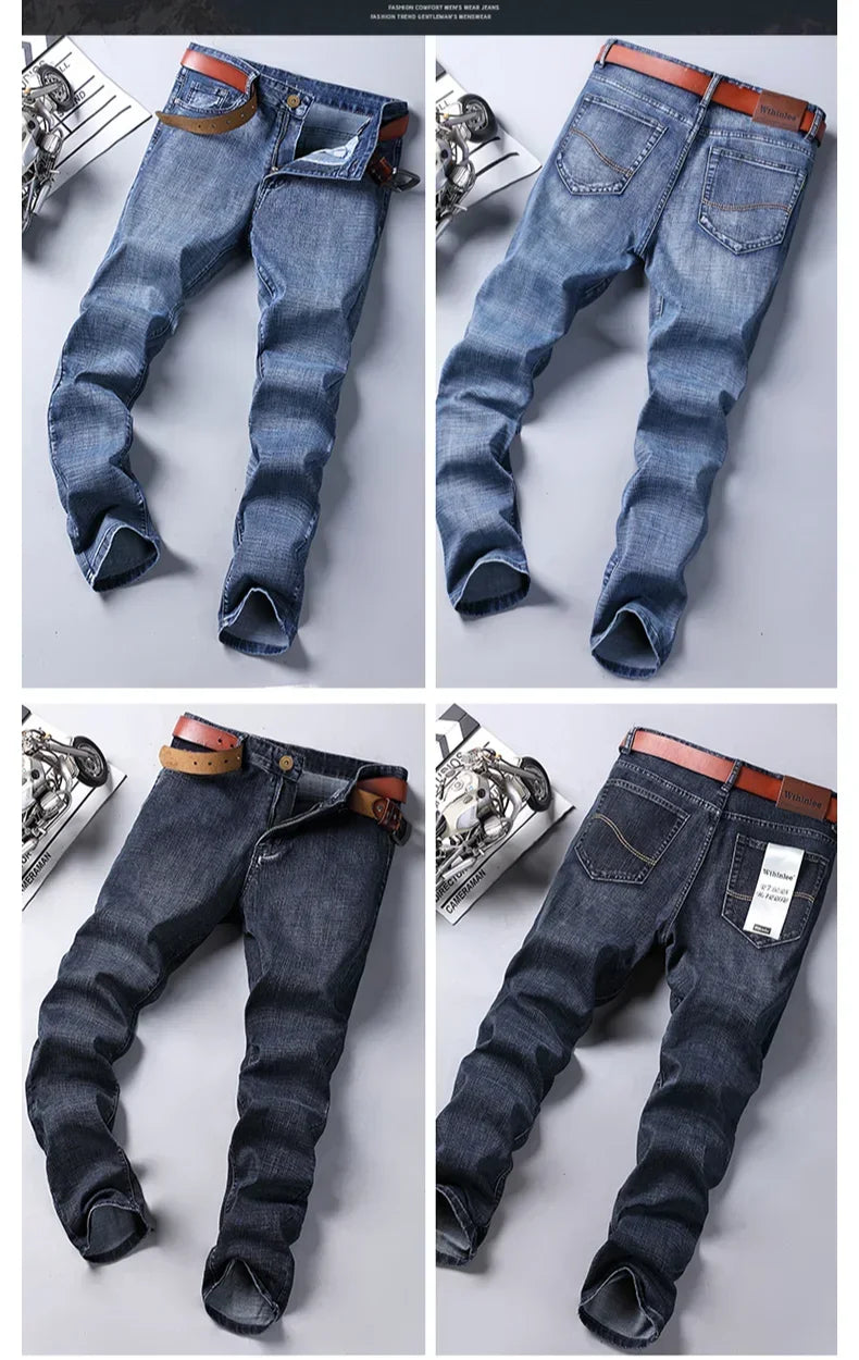 Men  Stretch Jeans Retro Smoke Gray Fit Straight Casual Denim Pants