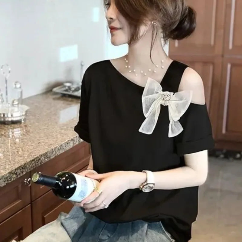 HIKIGAWA Women's Casual Summer Tee – Bow Detail, O-Neck, Short Sleeve Cotton Blend