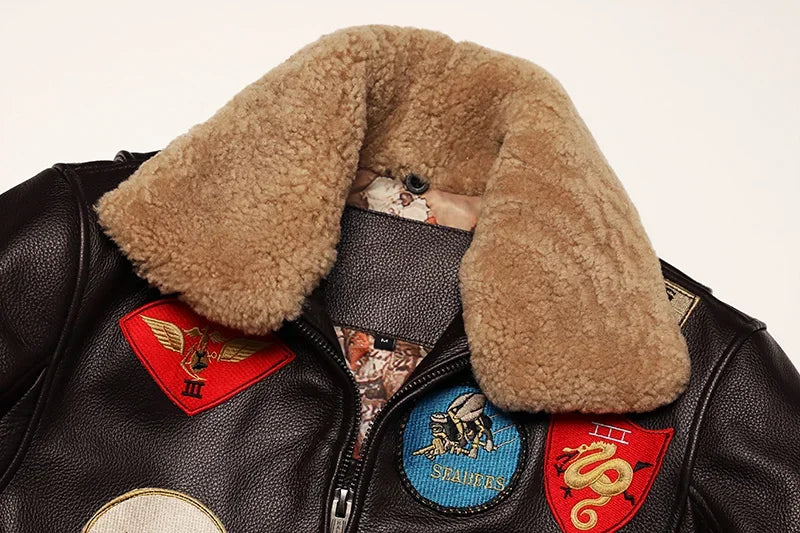 NoEnName_Null Men’s Military Style Cow Leather Jacket – Winter Outerwear with Zippers and Turn-Down Collar