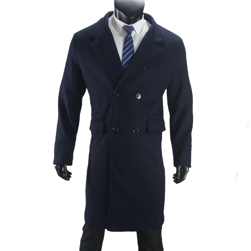 Men Long Double-breasted Coat with Lining Warm Type Wool Blend Lapel Casual Eu Size Customized overcoat