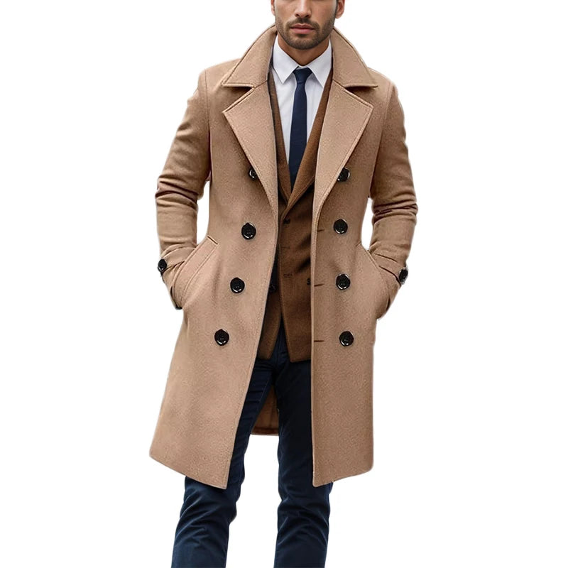 Winter Wool Overcoats Mens Outdoor Casual Double-breasted Turndown Collar Coats.