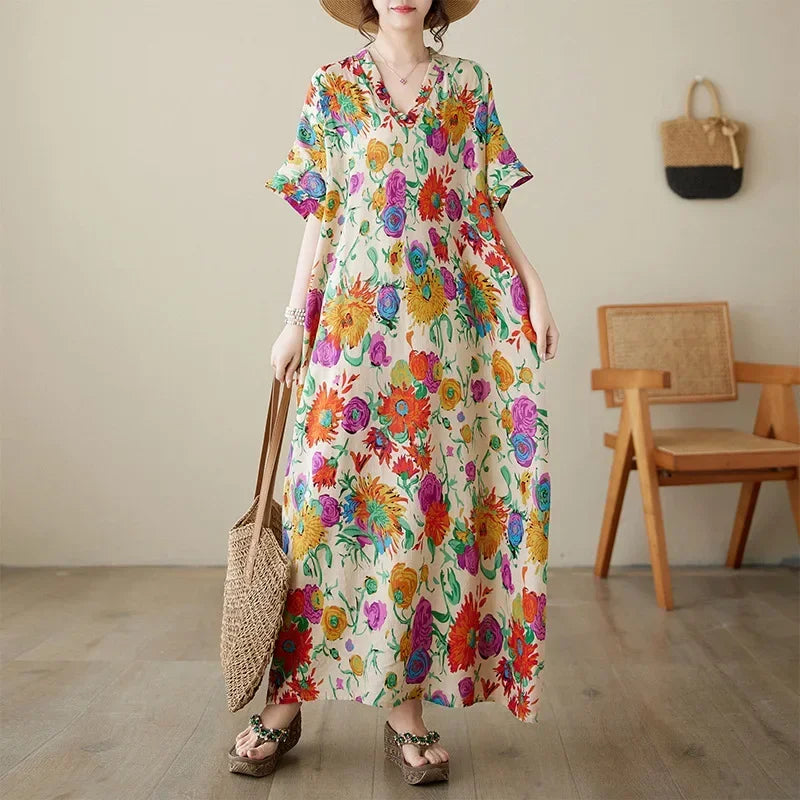 Boho Floral Cotton-Linen Summer Dress for Women – Ankle-Length, Loose Fit, O-Neck