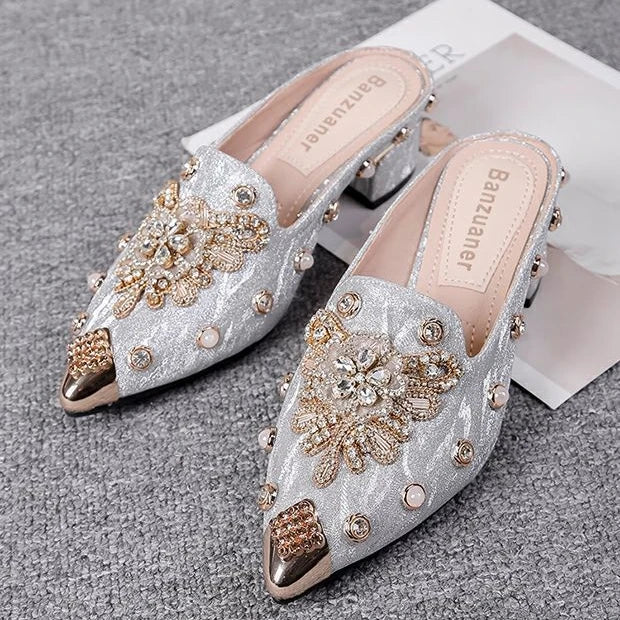 Mules Shoes Women Sandals Ladies Elegant Rhinestone Designer Mirror Luxury Party Slipper Summer New 2024 Slippers Fashion Roman