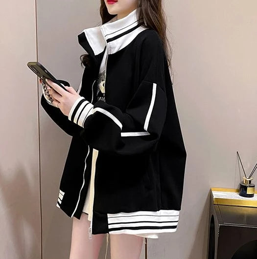 Black Sweatshirts for Women Full Zip Up Tops with Striped Y2k Hoodie Long Sleeve Style Matching