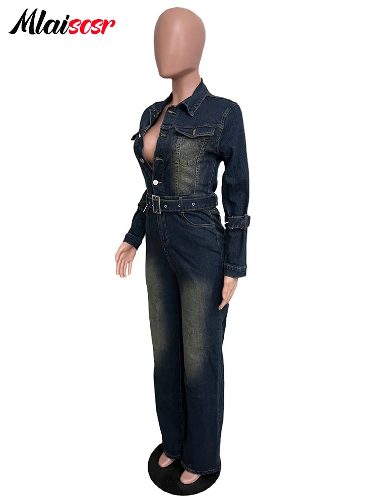 Mlaiscsr Stretch Denim One Piece Jumpsuits with Belt Winter Long Sleeve Lapel Washed  women Jeans