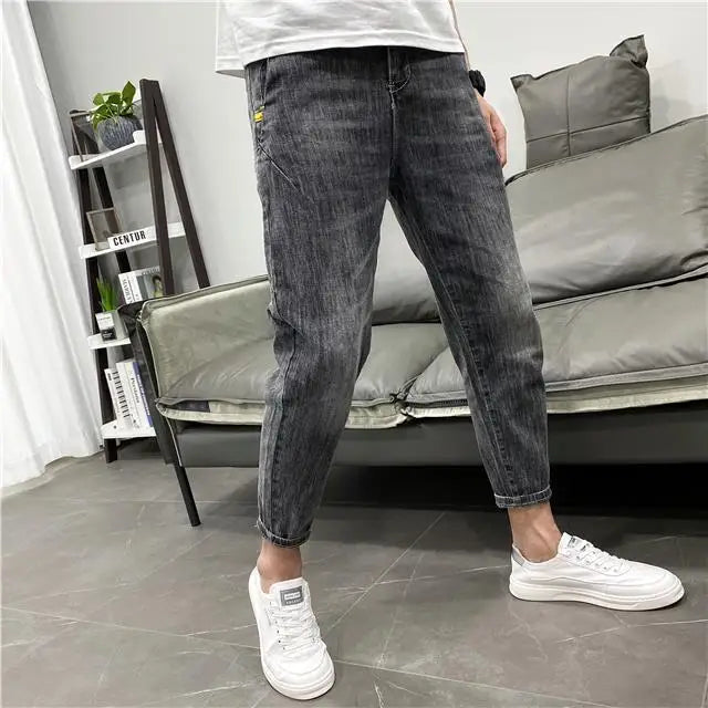 Fashionable Summer Autumn Luxury Cotton Trousers for Men Slim Solid Jeans with Stretch Classic Casual and Formal Wear Grey Jeans