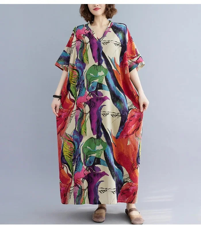 Boho Floral Cotton-Linen Summer Dress for Women – Ankle-Length, Loose Fit, O-Neck