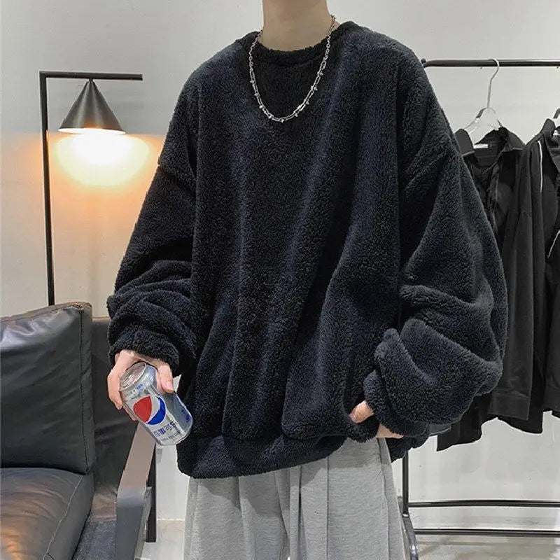 New Flannel Plush Youth Men Sweatshirt Autumn Winter Clothes v-shape Thicken Daily Warm Pullover jumper