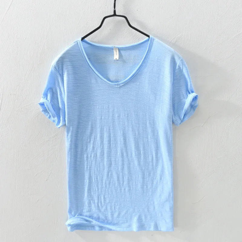 FAVOCENT Men’s V-Neck Bamboo Fiber Cotton-Polyester Casual Tee – Comfortable &amp; Stylish for Summer