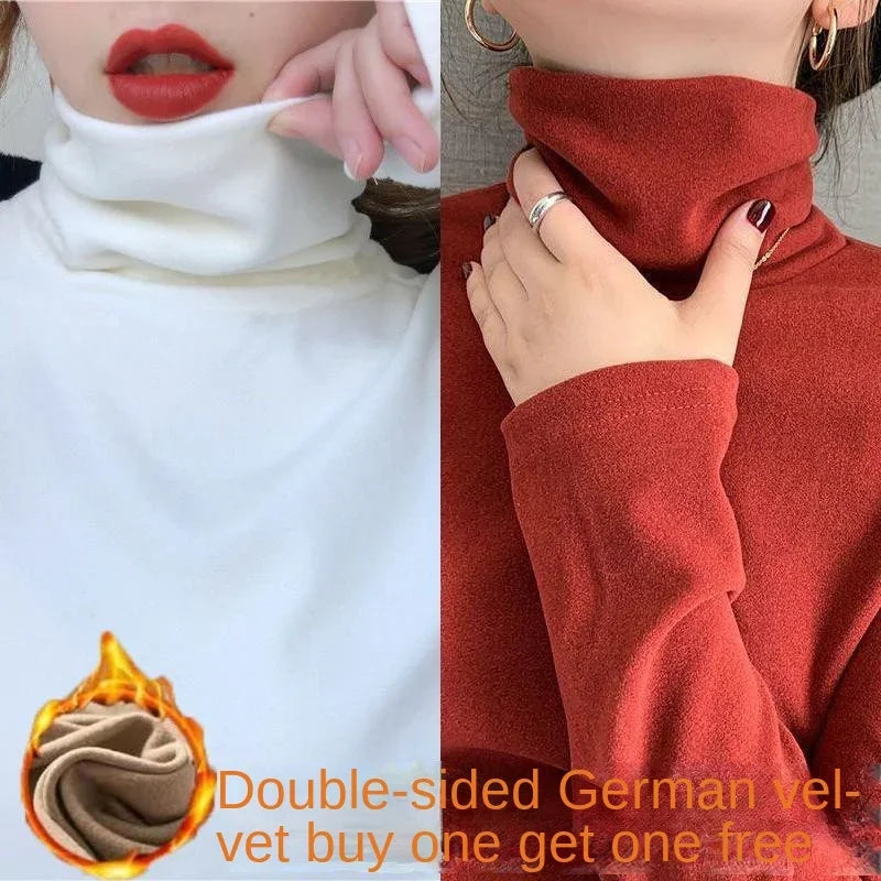 Fashion Fleece Casual Solid Plush Strecth T-Shirts Turtleneck Women High Collar Thick Autumn and Winter Basic Tops Undershirt