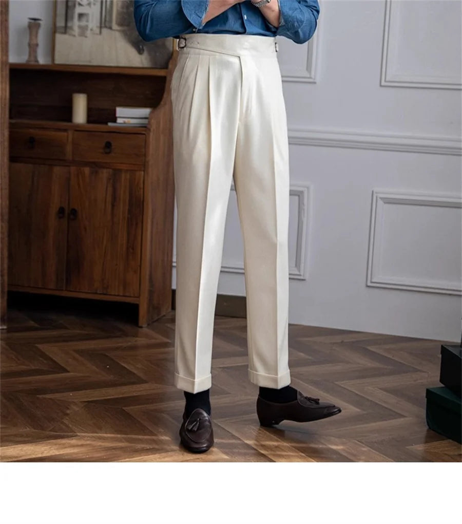 Men Solid Color Suit Trousers Spring Trendy Belt High Waist Pants Male Business Office Fashion Pleated Straight Pants Streetwear