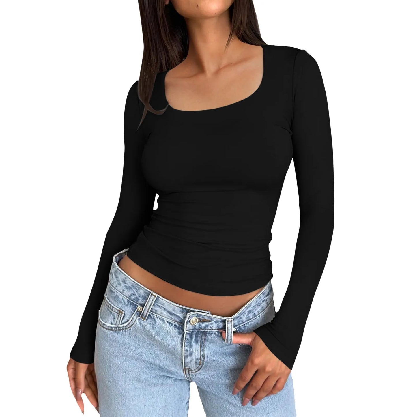 Women Long Sleeve Round Neck Crop Top basic solid tight slim women's plain T-Shirt.